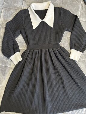 Girls Black Knit Dress with Off-White Collar and Cuffs